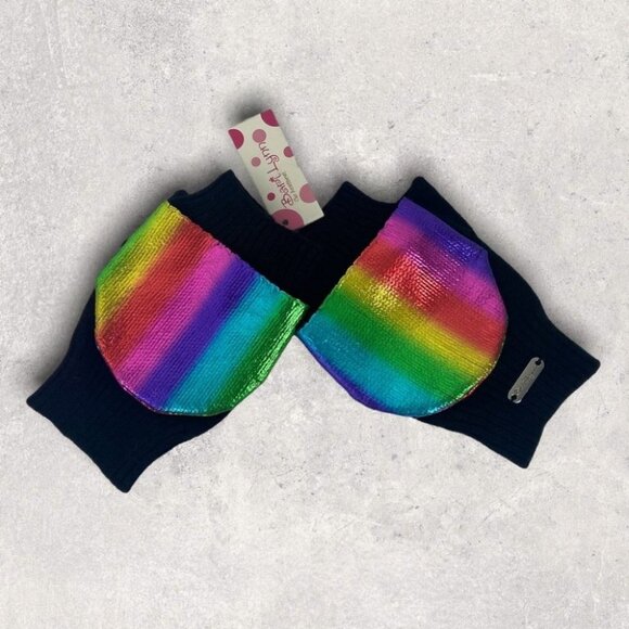 NWT Nordstrom Bari Lynn Kids Metallic Stripe Convertible Mittens Black Rainbow - Picture 2 of 6